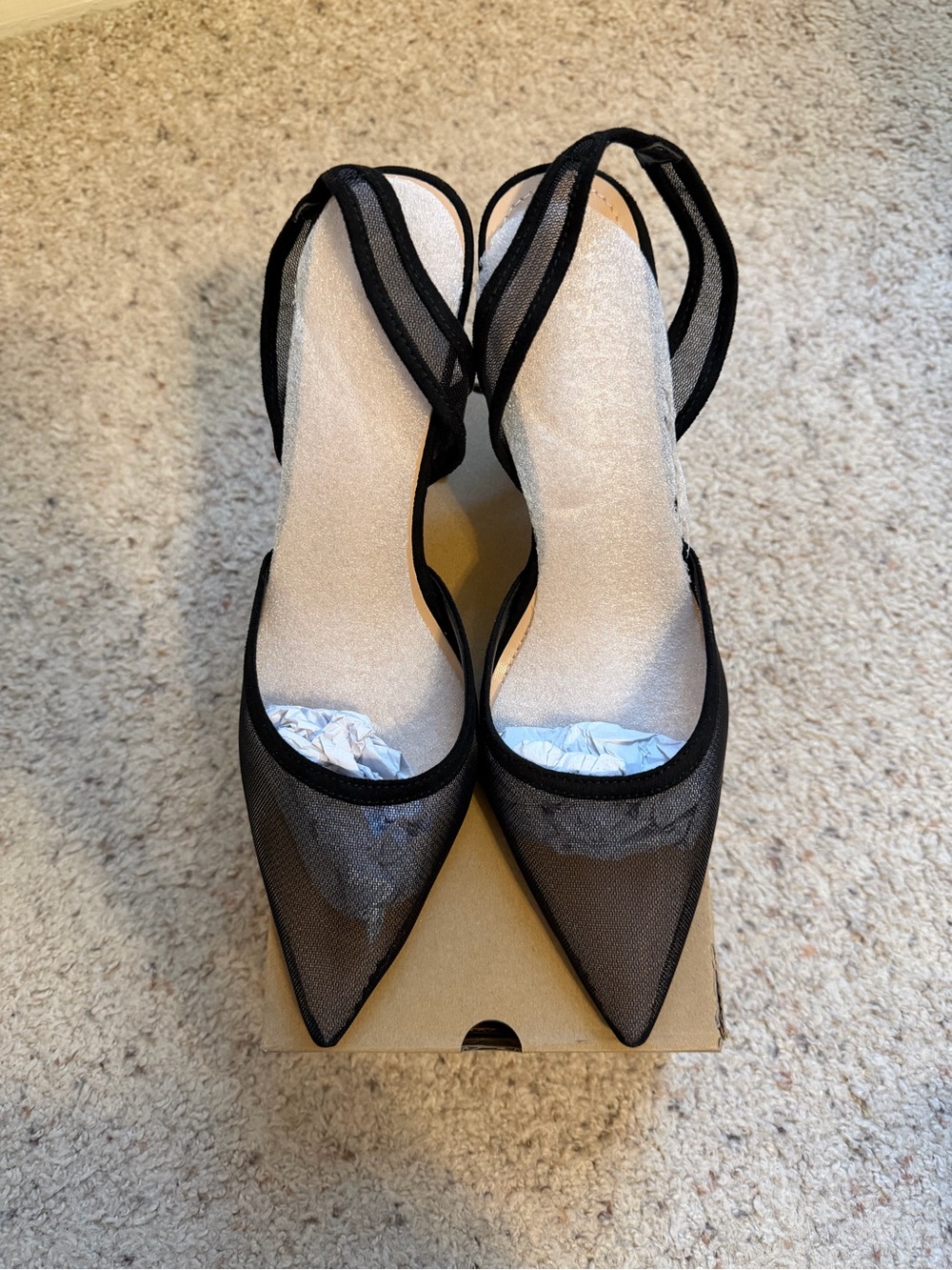 Black Mesh Pointed Toe Slingback Heels Sculptural Flared Heel 8.5